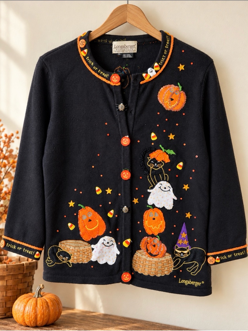 Longaberger Black Halloween Kids Cardigan with Pumpkin, Ghost & Cat Embroidery
